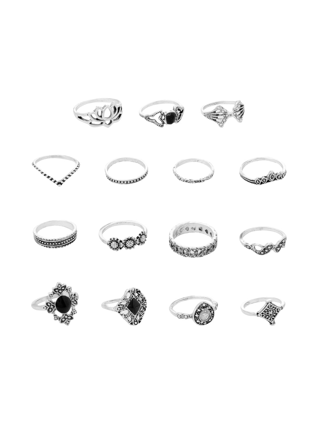 Silver Oxidised Fifteen Piece Boho Knuckle Ring
