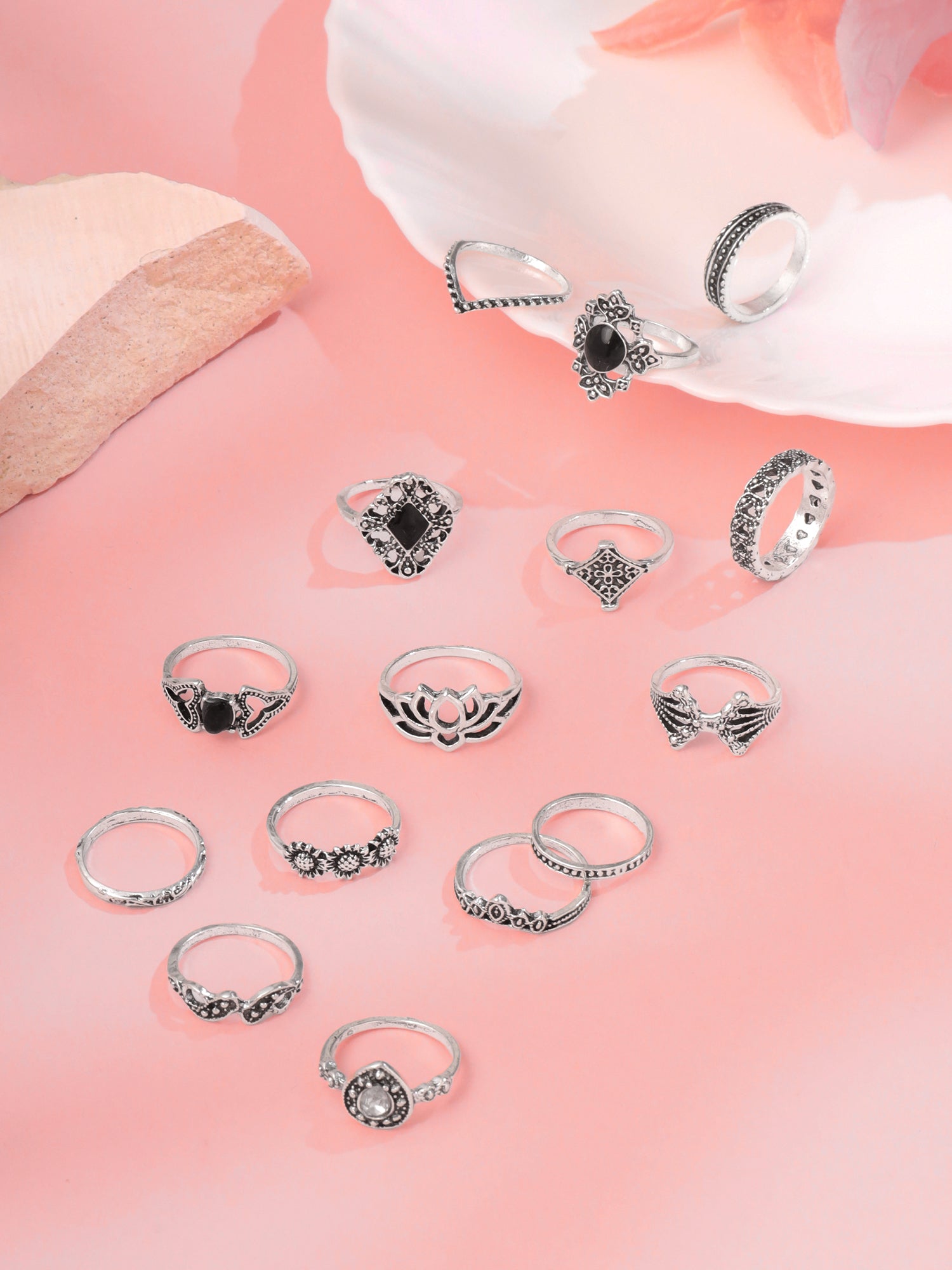 Silver Oxidised Fifteen Piece Boho Knuckle Ring