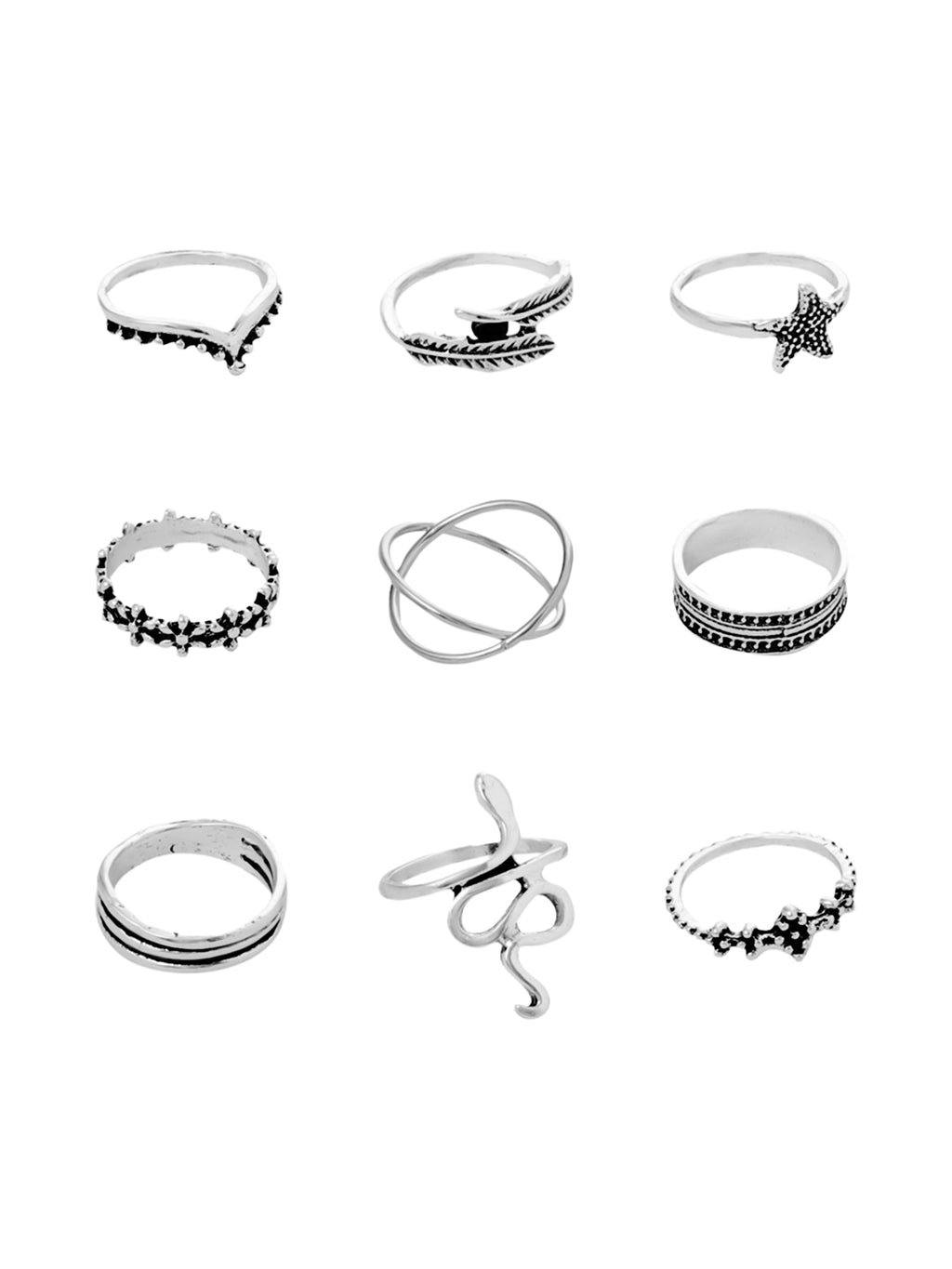 Silver Oxidised Nine Piece Stack Ring