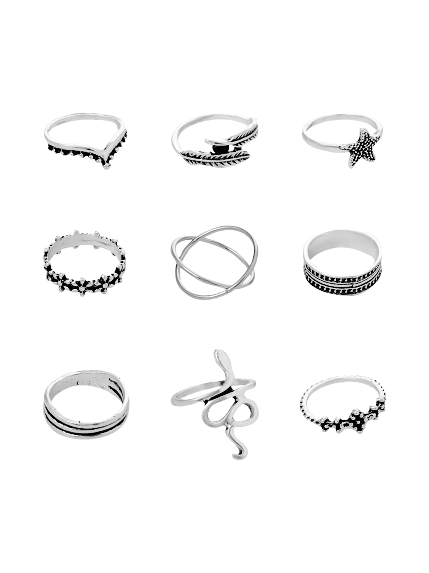 Silver Oxidised Nine Piece Stack Ring