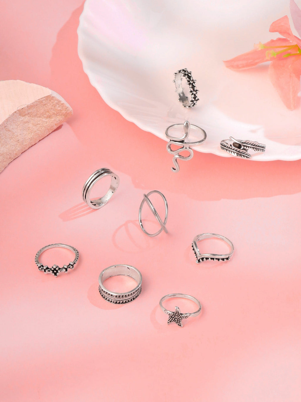 Silver Oxidised Nine Piece Stack Ring
