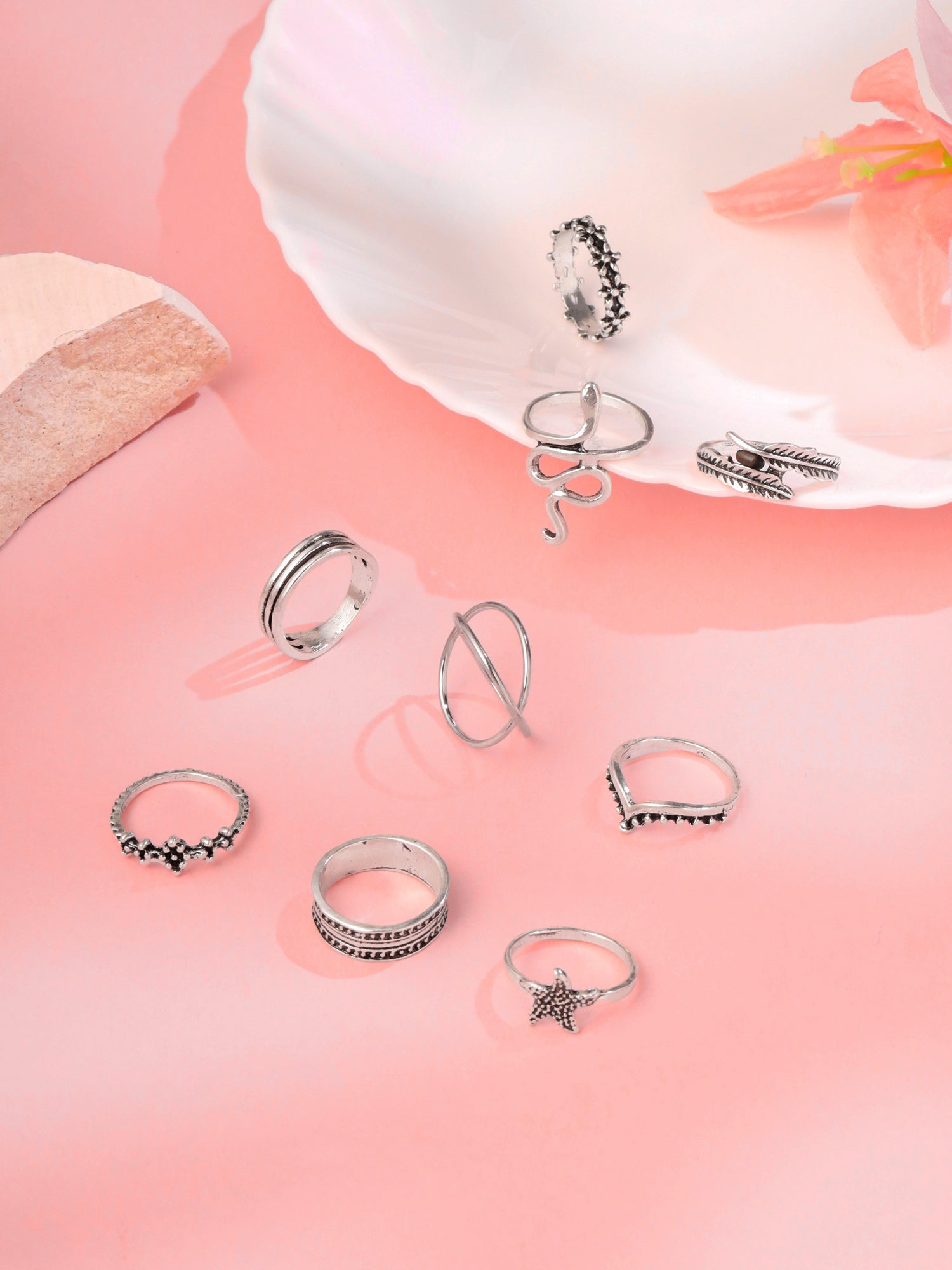 Silver Oxidised Nine Piece Stack Ring
