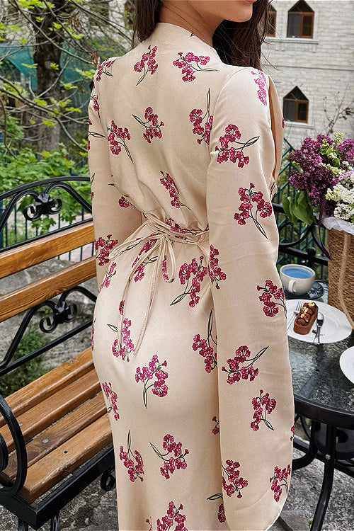 Satin V Neck Long Sleeve Tie Waist Maxi Floral Dress
