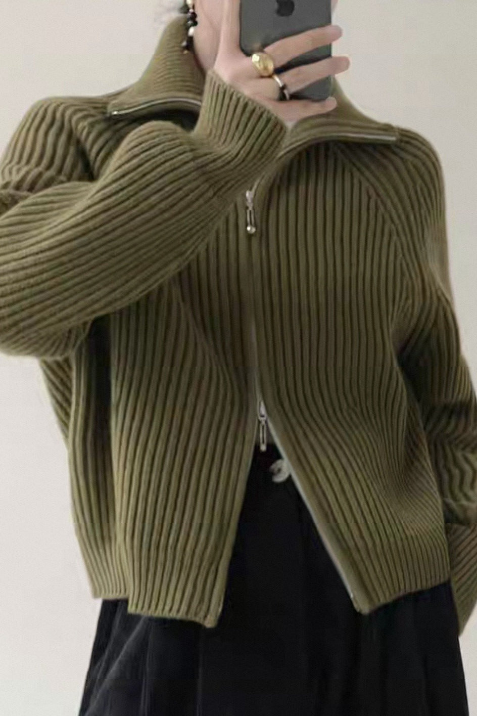 Ribbed High Neck Zip Sweater