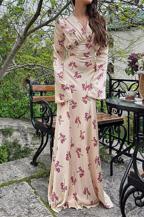 Satin V Neck Long Sleeve Tie Waist Maxi Floral Dress