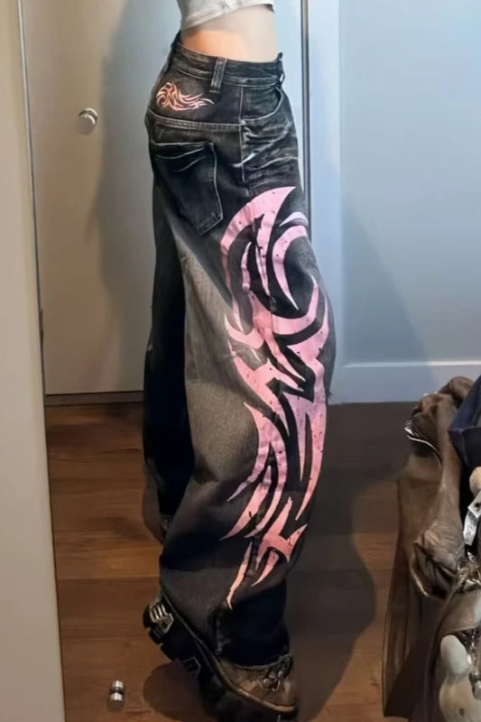 Vintage Print High Waist Wide Leg Jean