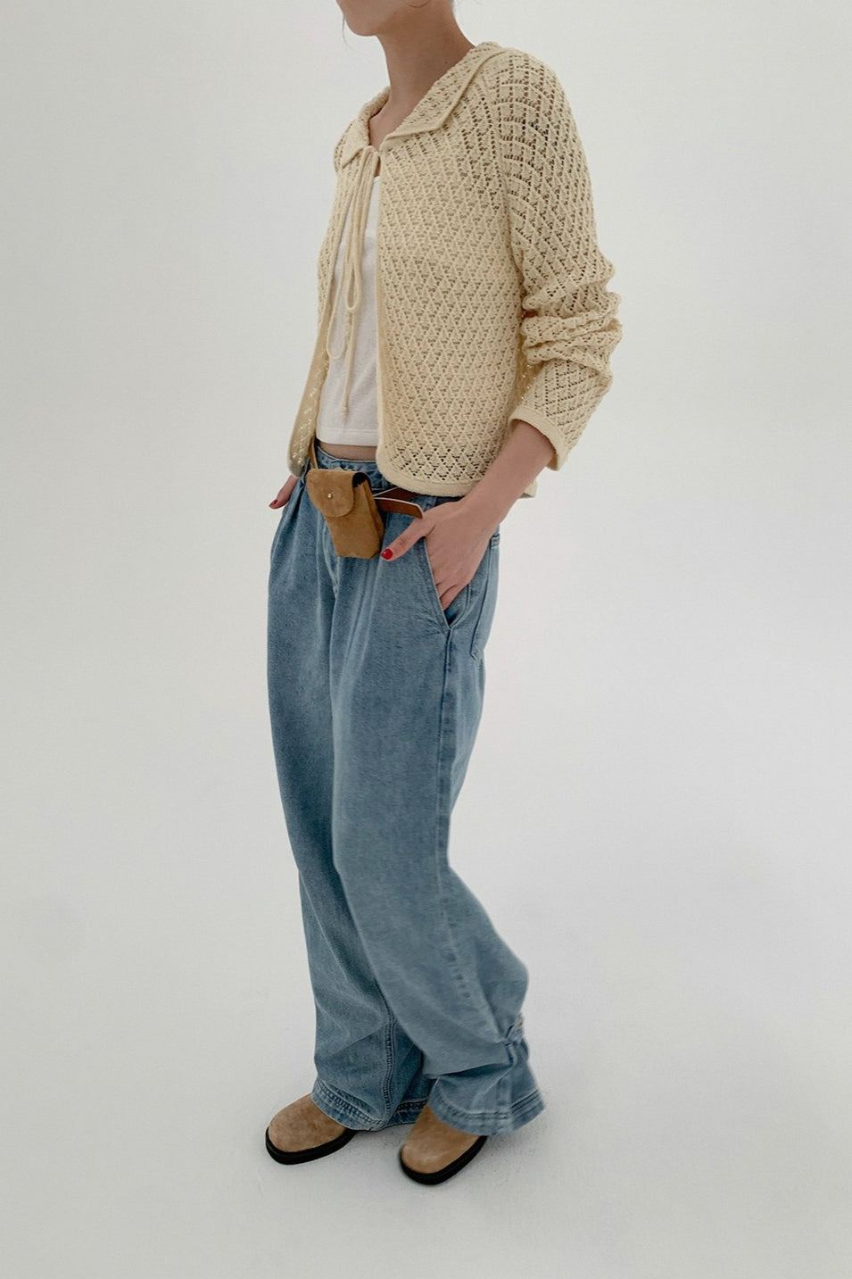 Hollow Collar Tie-Waist Short Knit Cardigan