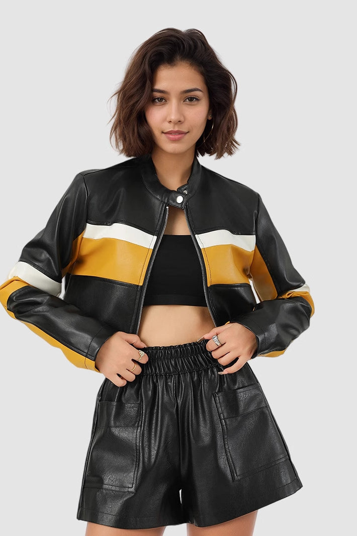 Color-Block PU Leather Biker Coat