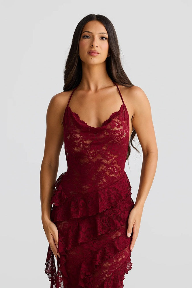 Lace Halter Open Back Maxi Dress
