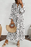 White Leopard Notch V Neck Loose Maxi Dress