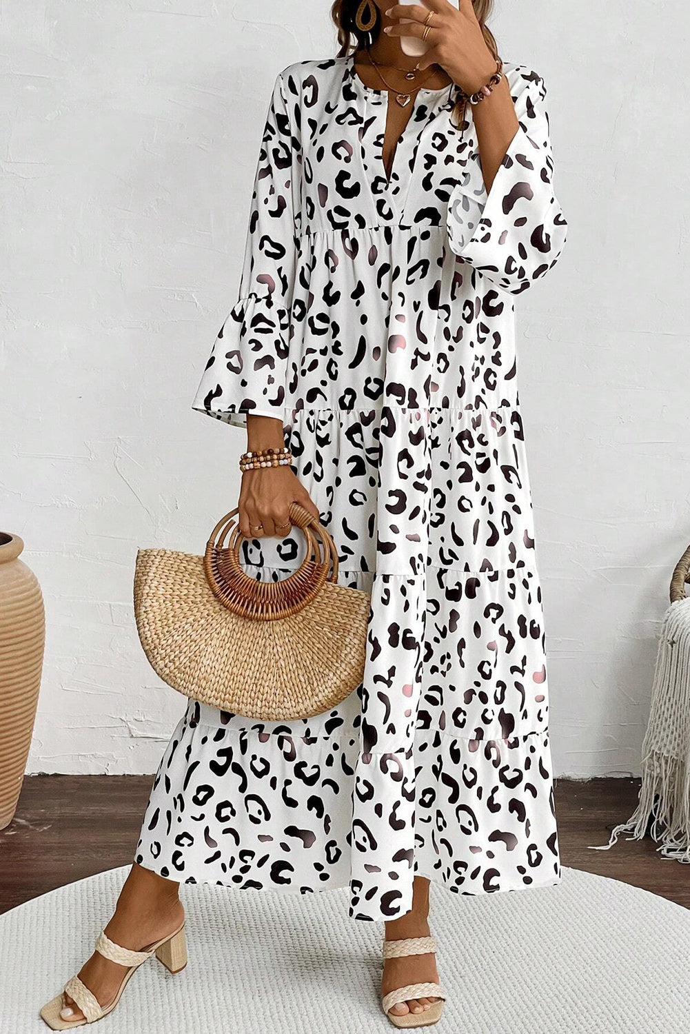 White Leopard Notch V Neck Loose Maxi Dress