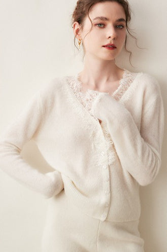 Cashmere Lace-Edge V-Neck Knit Cardigan