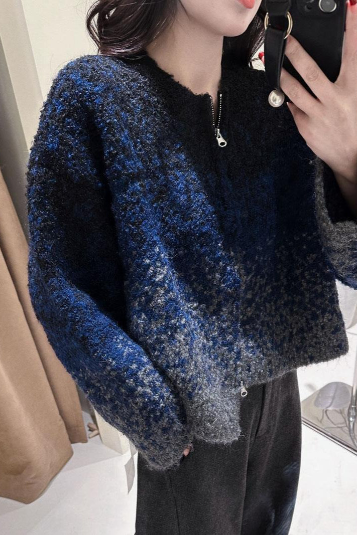 Zipper Front Gradient Knit Sweater