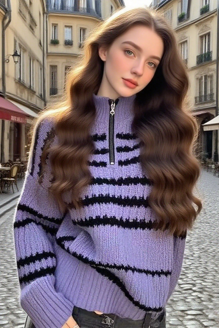 Loose Striped Polo Sweater