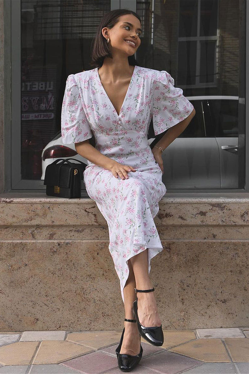 V Neck High Waist Short Sleeve Floral Dress