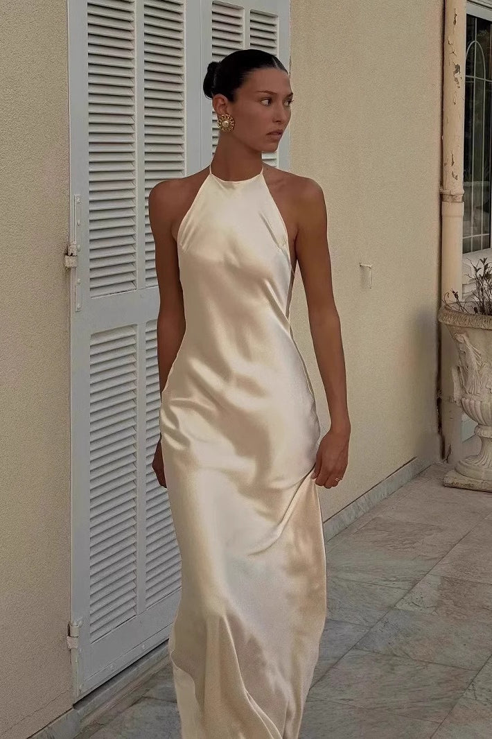 Acetate Halter Slip Style Maxi Dress