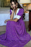 Purple Tie Waist Short Sleeve Babydoll Floral Dress