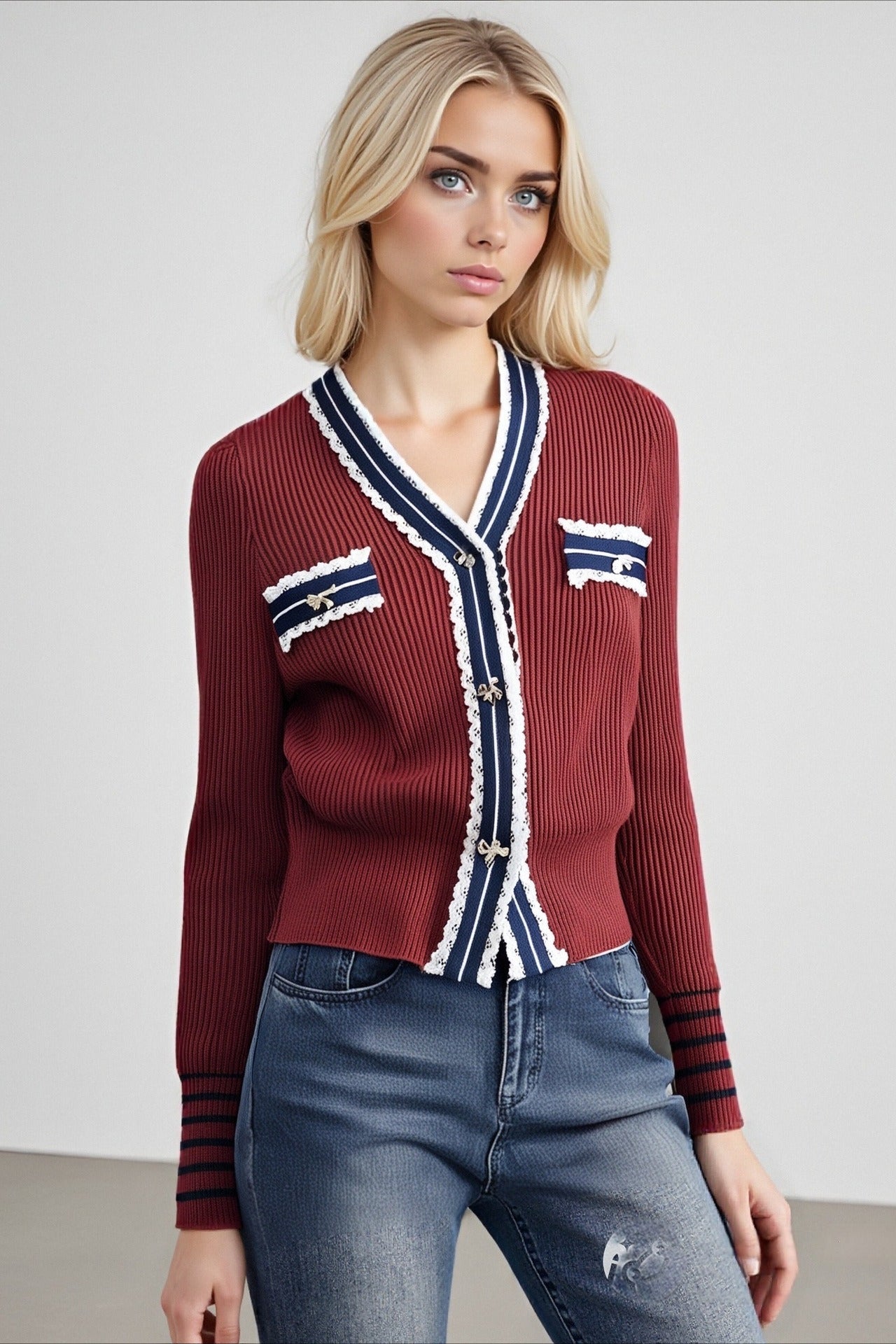 Colorblock Lace V-Neck Knit Cardigan