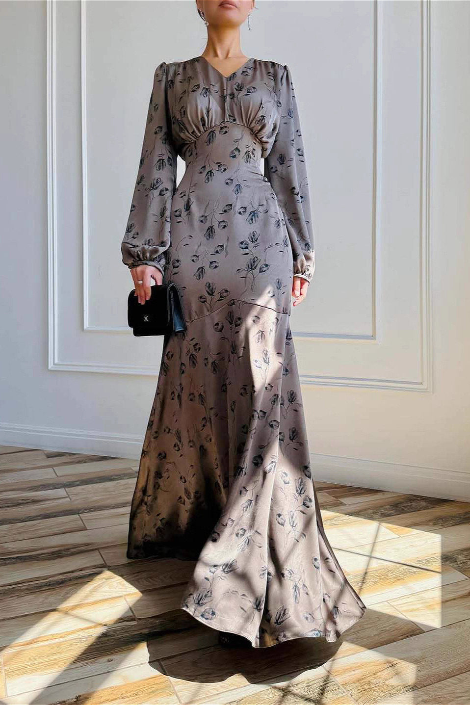 Graceful Satin High Waist Floral Dress