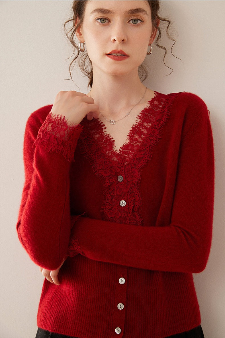 Cashmere Lace-Edge V-Neck Knit Cardigan