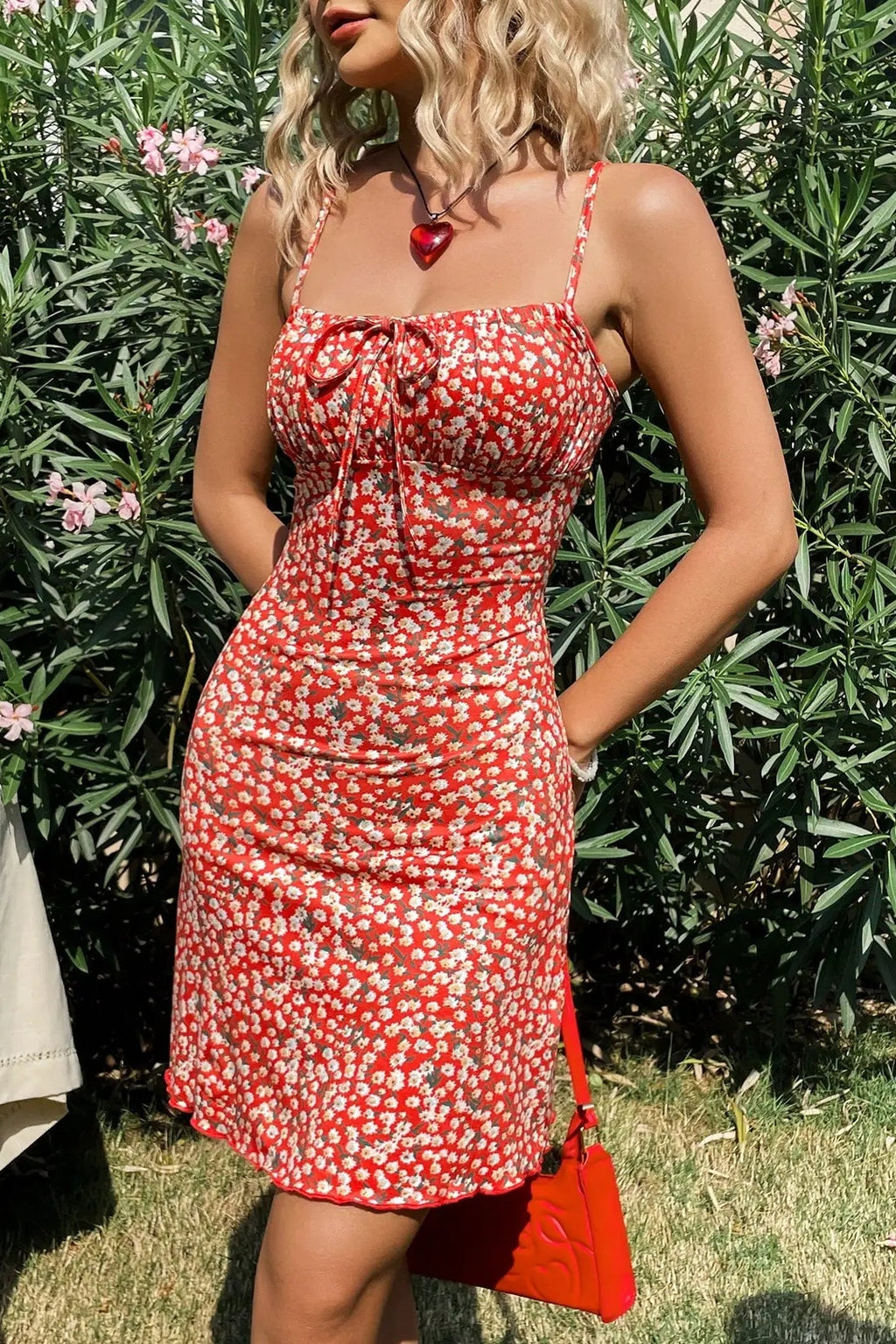 Stylish Red Printed Suspender Floral Dress