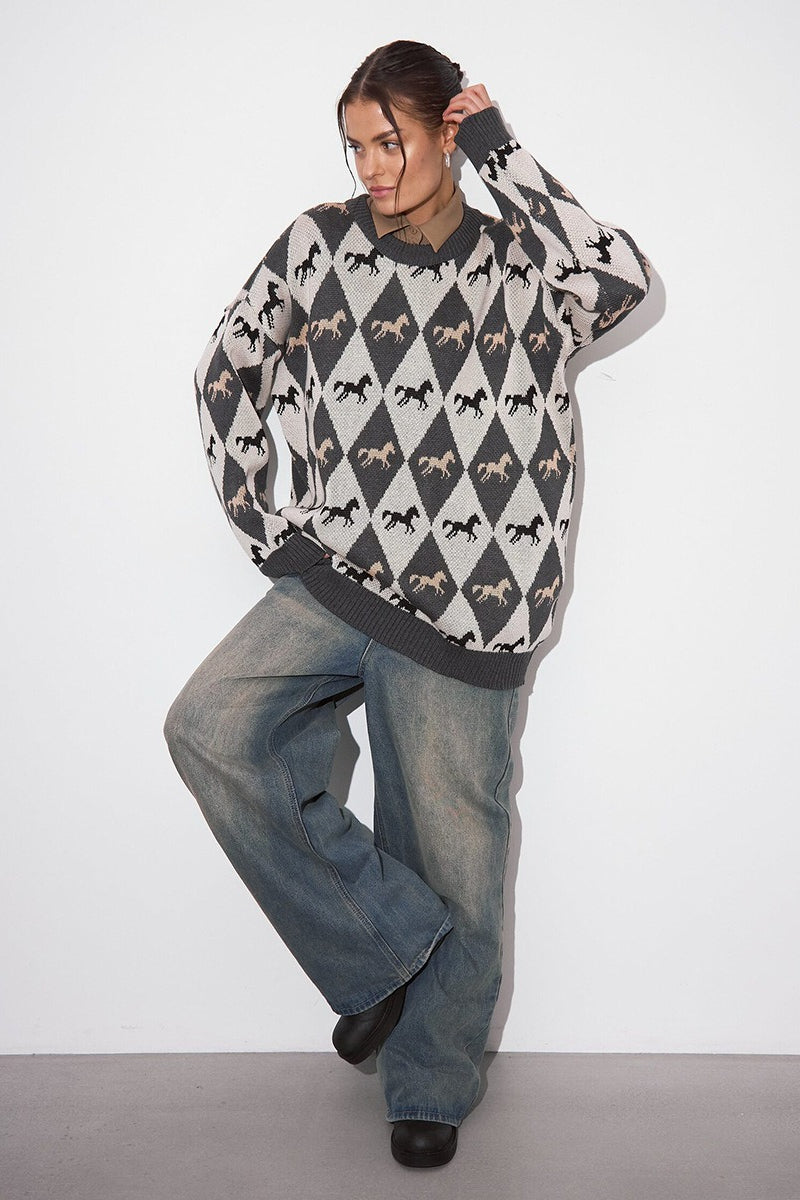 Relaxed Horse Graphic Pullover Sweater
