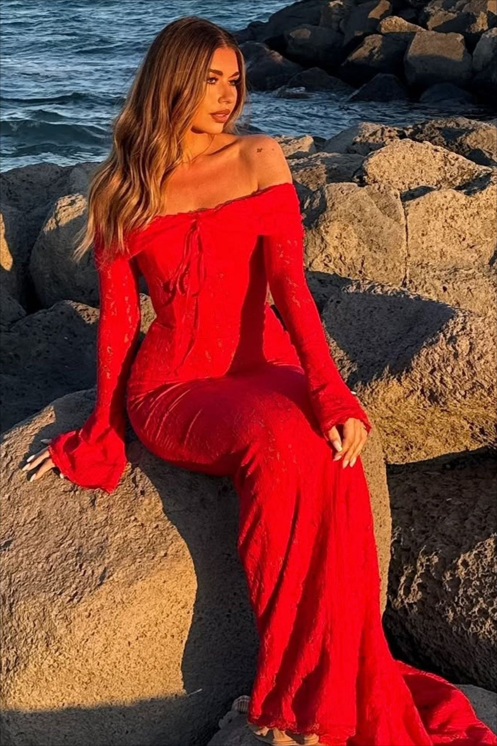 Bustier Lace Flared Sleeve Maxi Dress
