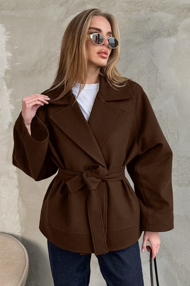 Retro Brown Belted Wool Blend Midi Coat