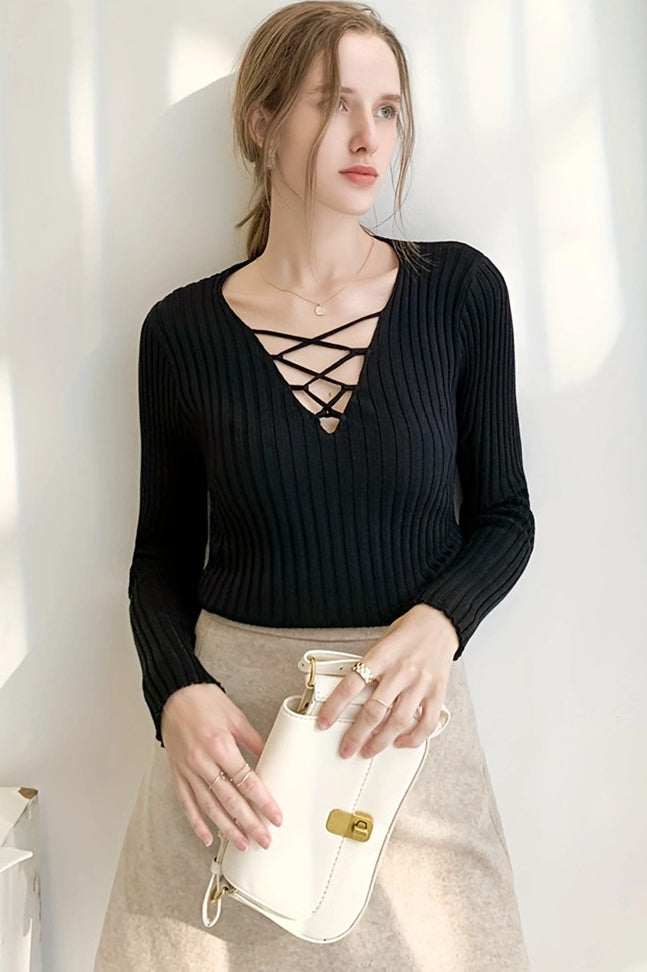 Slim Lace Up V Neck Sweater