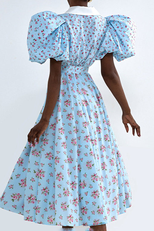 Puff Sleeve Collared High Waist Button A Line Floral Dress