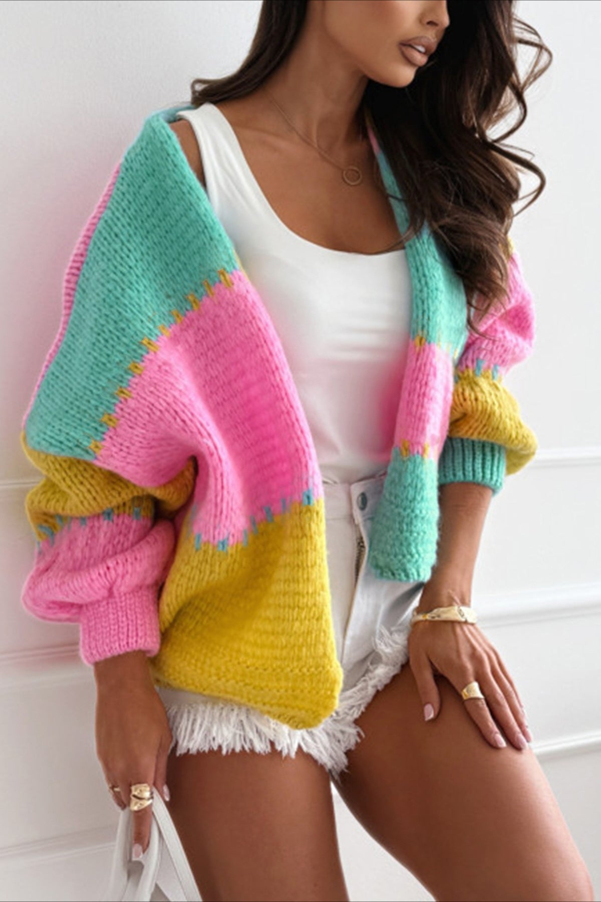 Relaxed Colorblock Loose Knit Cardigan