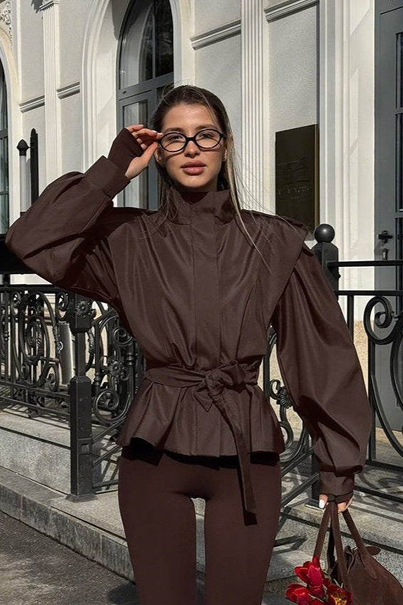 Tie-Waist Collared Long Sleeve Loose Trench Coat