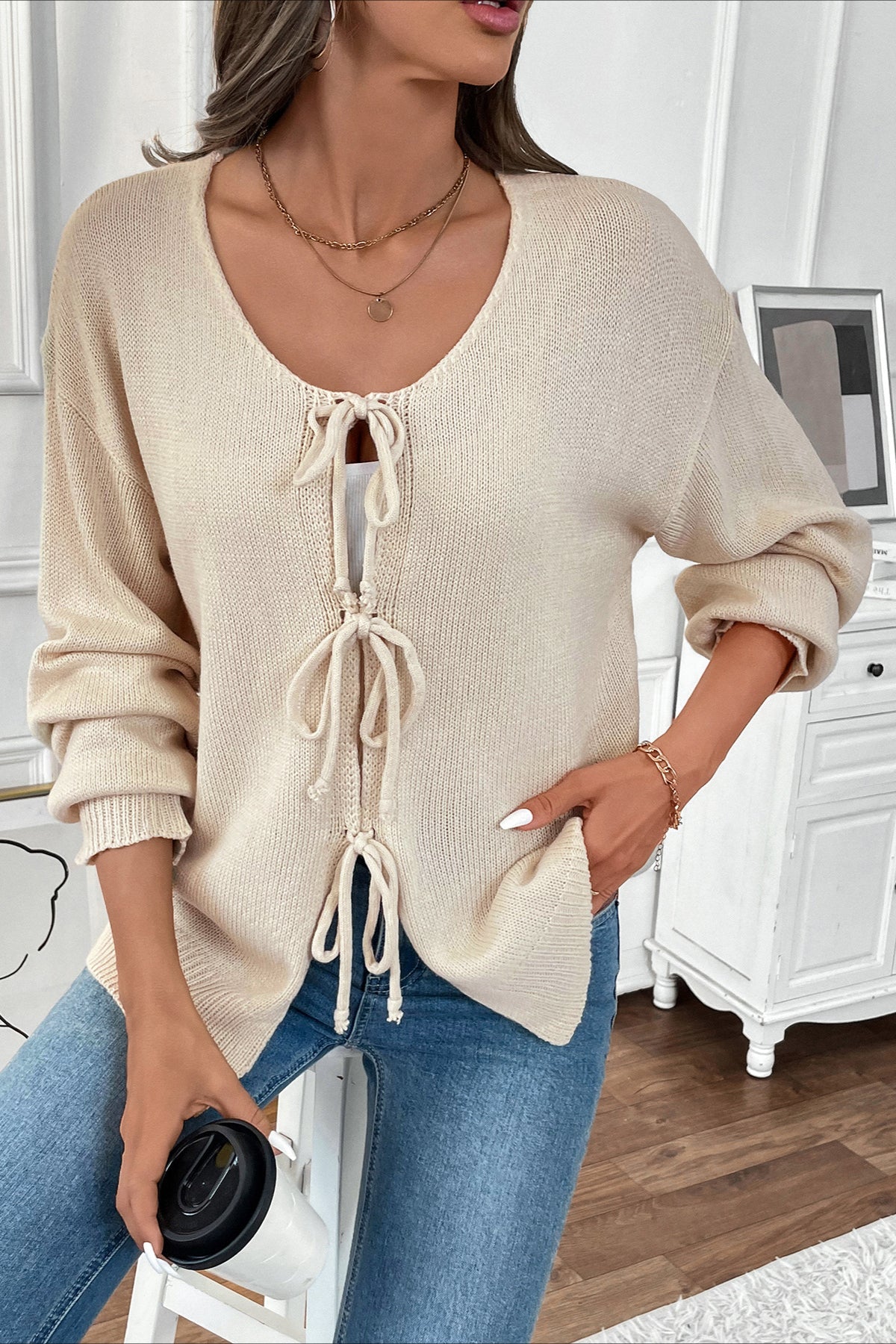 Front-Tie Round Neck Plain Knit Cardigan