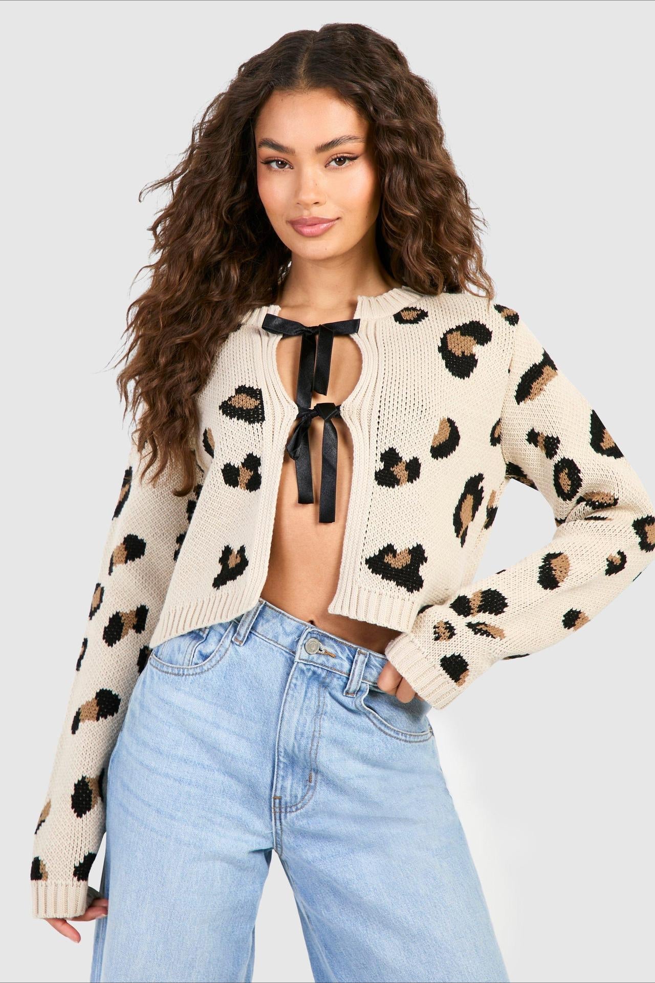 Front-Tie Leopard Knit Cardigan