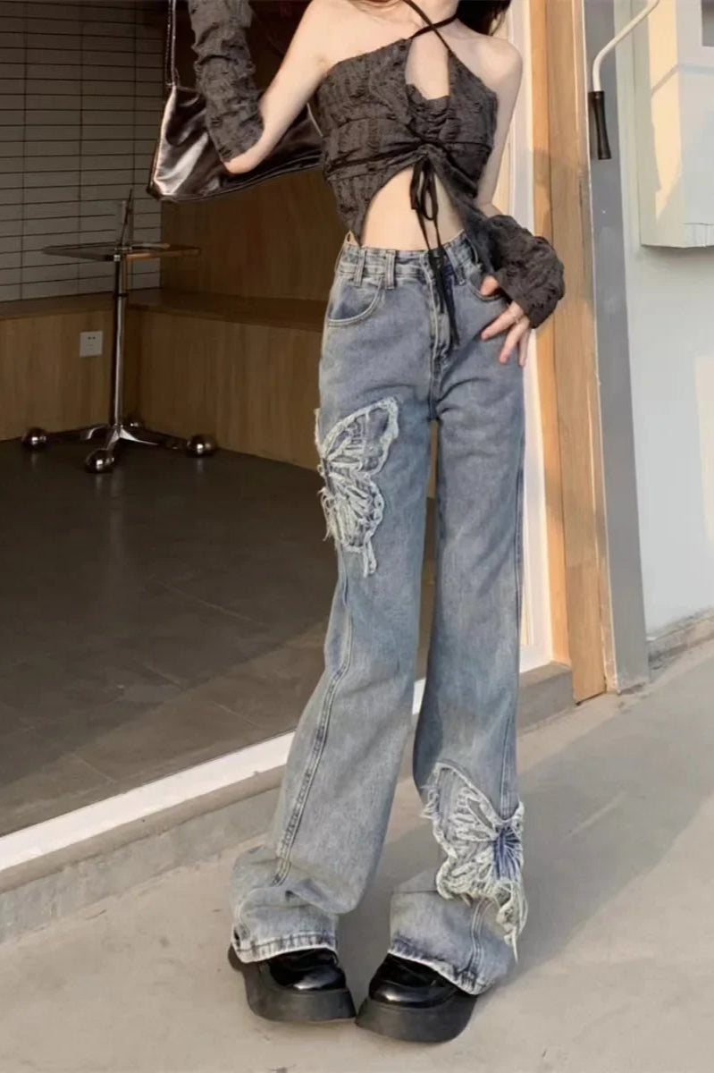 Washed Butterfly Embroidered Flare Jean