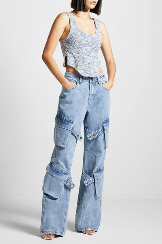Retro High Waist Pocket Straight Pant