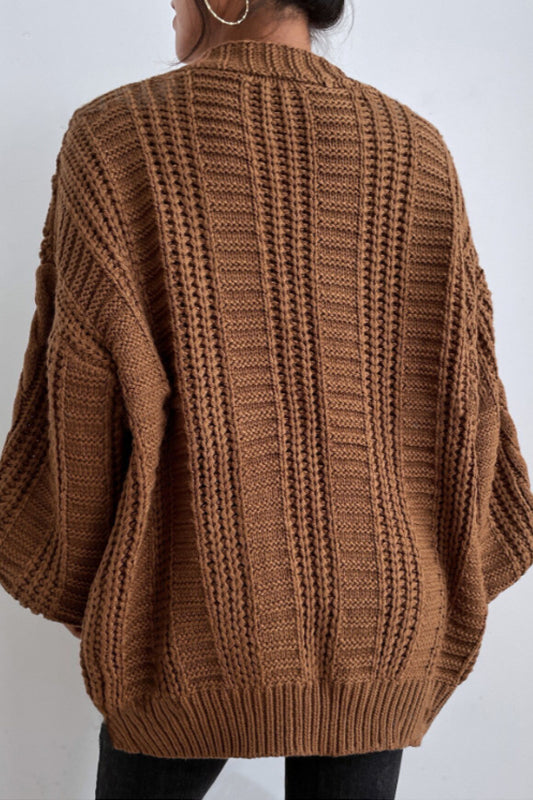 V-Neck Retro Cable Knit Puff Sleeve Cardigan