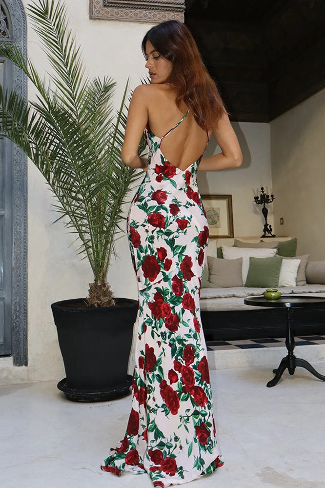 Floral Deep V Open Back Maxi Dress