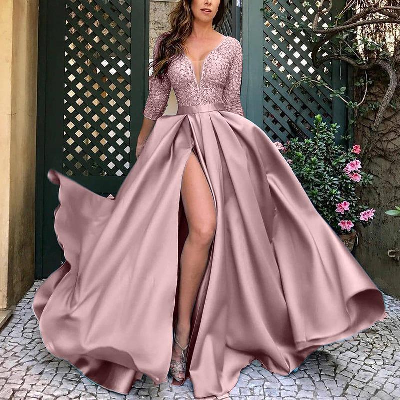 Solid V-Neck Party Long Sleeve Maxi Dress