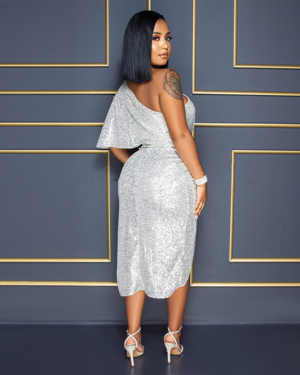 Sequined Puff Sleeve Party Midi Dress