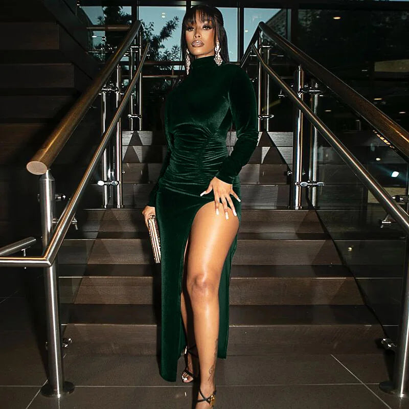 Velvet Ruched Slit Party Midi Dress