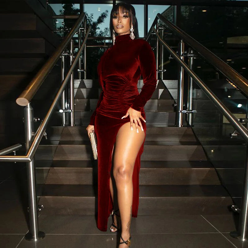 Velvet Ruched Slit Party Midi Dress
