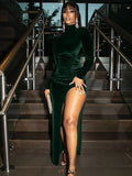 Velvet Long Sleeve Slit Ruched Midi Dress