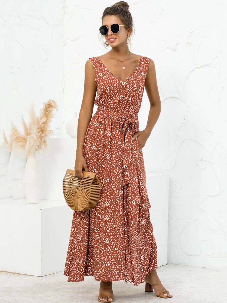 Boho V-Neck Floral Pocket Maxi Dress