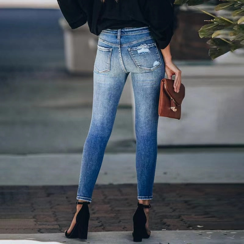 Blue Ripped High Waist Slim Denim Jean