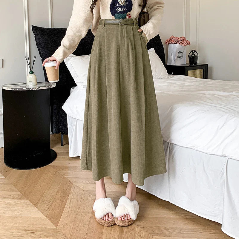 Corduroy High Waist Ball Gown Long Korean Skirt