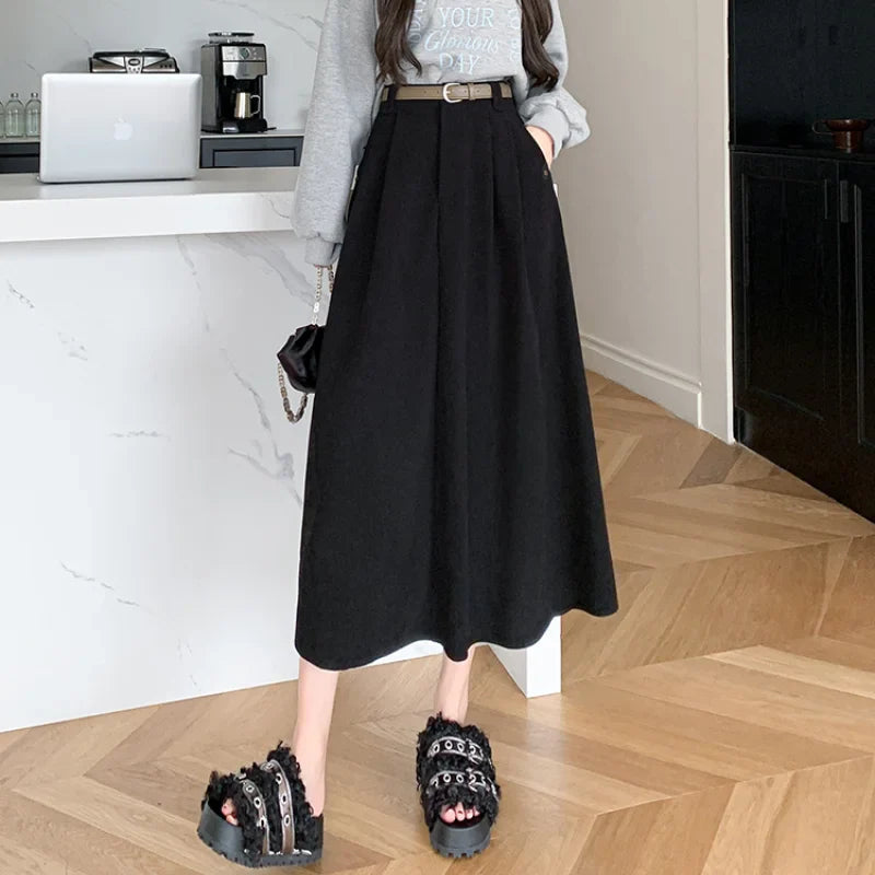 Corduroy High Waist Ball Gown Long Korean Skirt