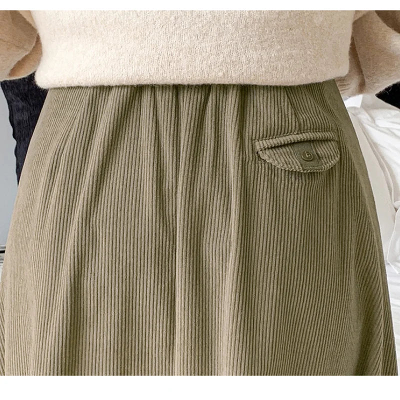 Corduroy High Waist Ball Gown Long Korean Skirt