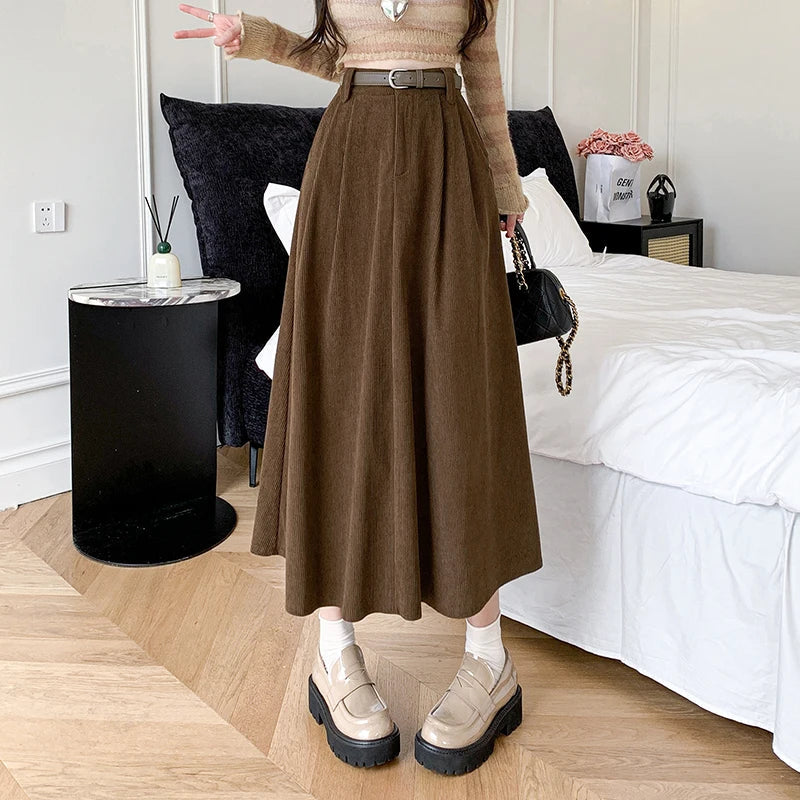 Corduroy High Waist Ball Gown Long Korean Skirt