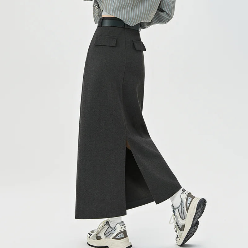 Wool Blend Long High Waist Elegant A-line Skirt